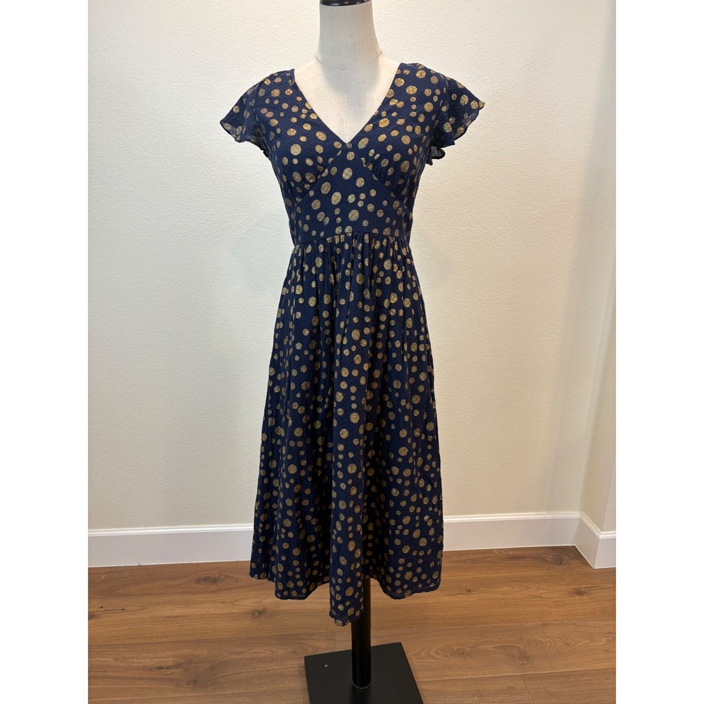 ModCloth Midi Dress S Navy Gold Polka Dot Flutter Sleeve retro Wedding Guest 50s